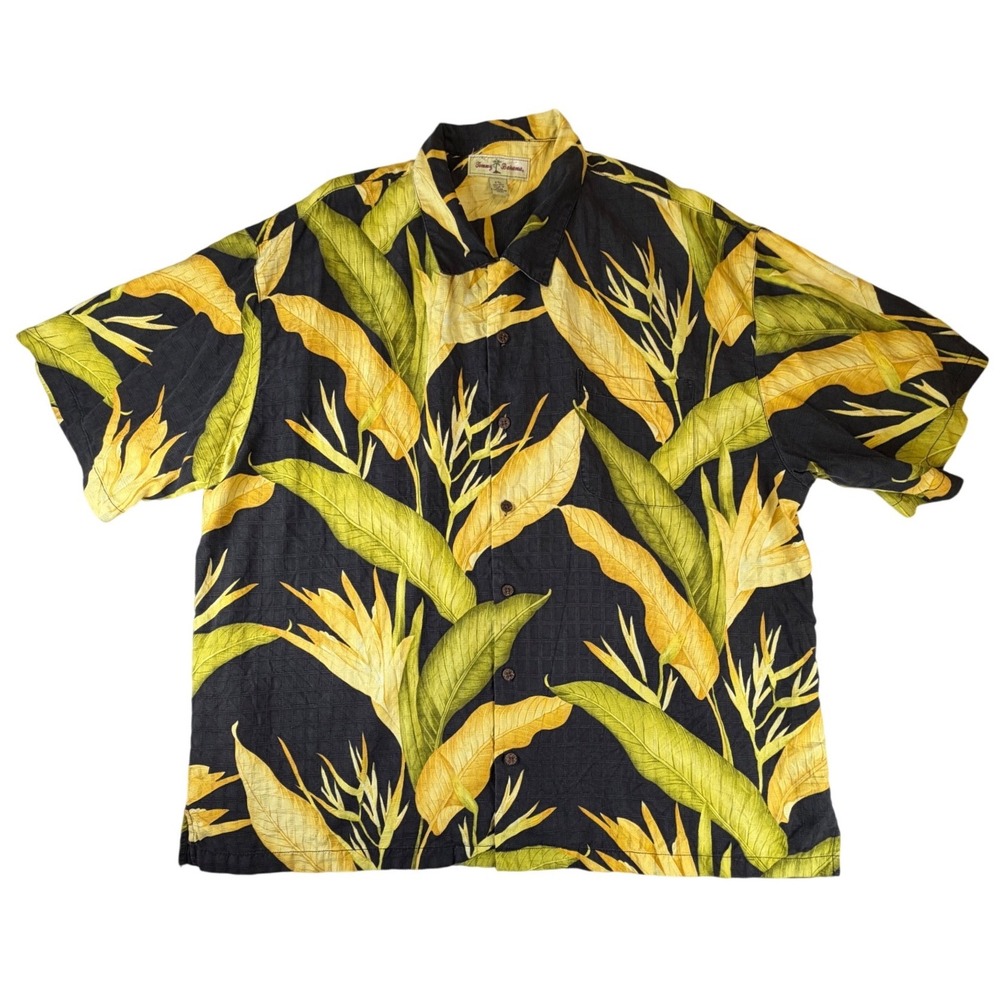 Tommy Bahama Mens XXL Silk Tropical Bird of Paradise Camp Shirt Black Yellow - Picture 2 of 6